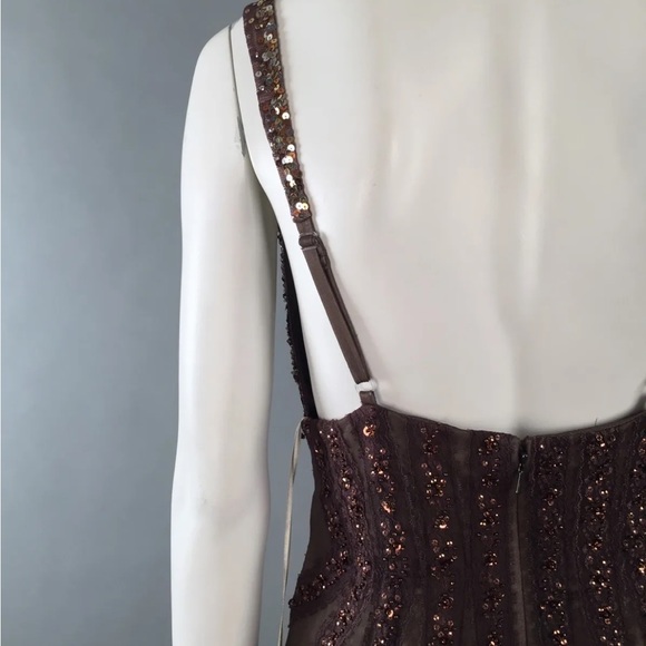 Mandalay Vintage Brown Beaded Gown Sequined Crystals Dress Deep V Neck 90s Y2K - Picture 12 of 12